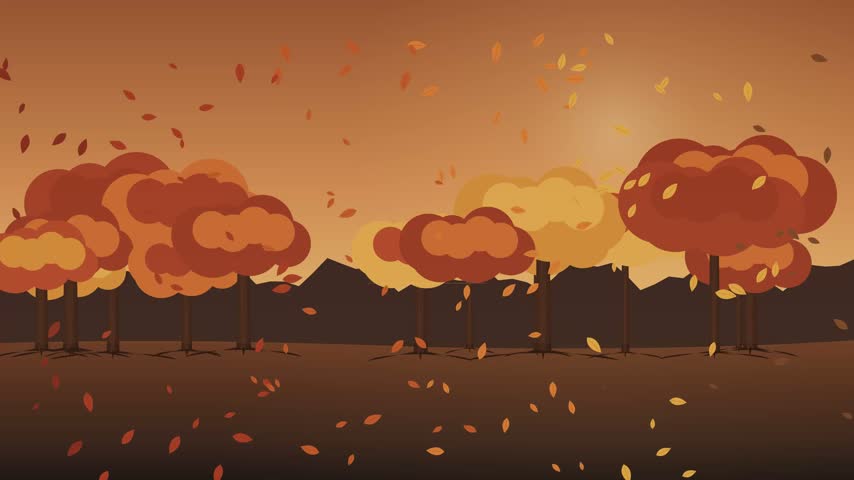 Autumn forest landscape with colorful orange and golden trees, visible tree roots, falling leaves, warm sunlight, floating dust, and a peaceful seasonal atmosphere.