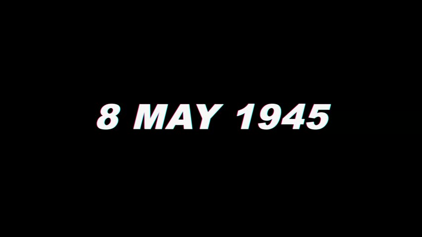 8 May 1945 - VE Day Victory in Europe. Cinematic glitch-text historic date title reveal on a black background, perfect for documentary intros, history channel content, news broadcasts, and this-day-in-history video projects.