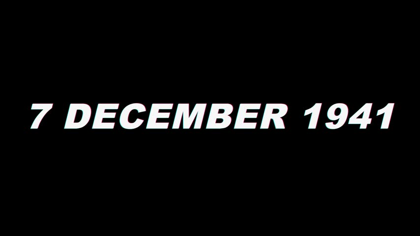7 December 1941 - Attack on Pearl Harbor. Cinematic glitch-text historic date title reveal on a black background, perfect for documentary intros, history channel content, news broadcasts, and this-day-in-history video projects.