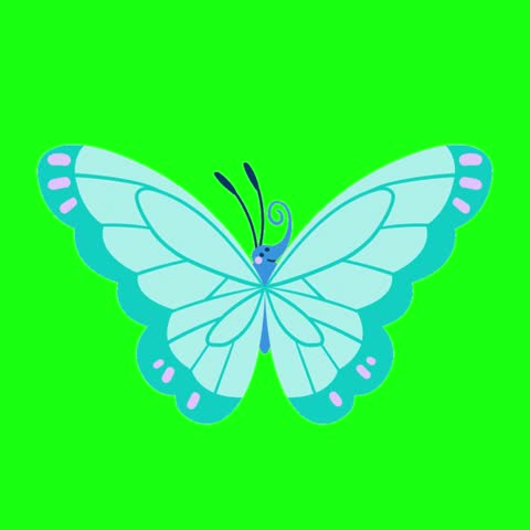 Cute cartoon blue butterfly with decorative wings and smiling face isolated on a chroma key green screen background.