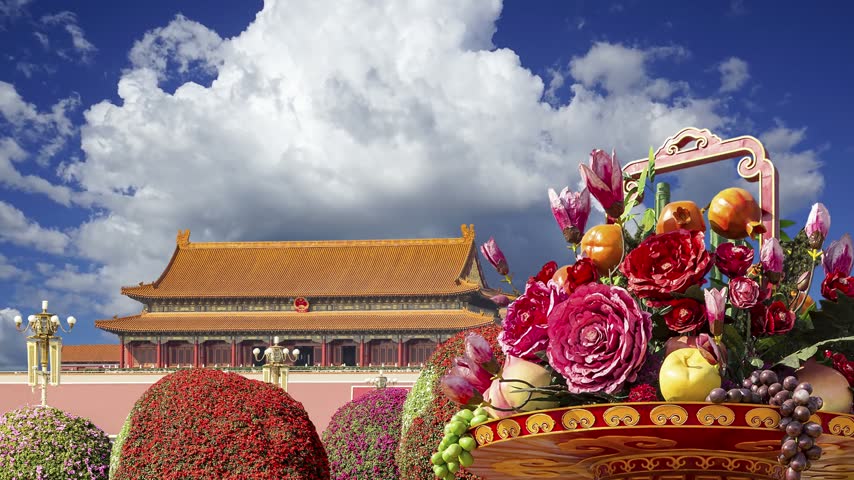 Huge flower basket (against the background of a beautiful sky with clouds) in Tiananmen square, Beijing, China. 4K, time lapse 