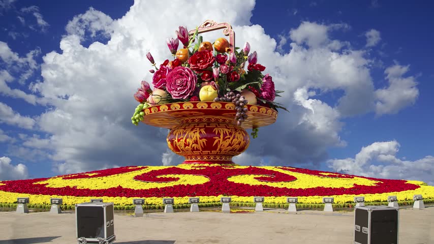Huge flower basket (against the background of a beautiful sky with clouds) in Tiananmen square, Beijing, China. 4K, time lapse 
