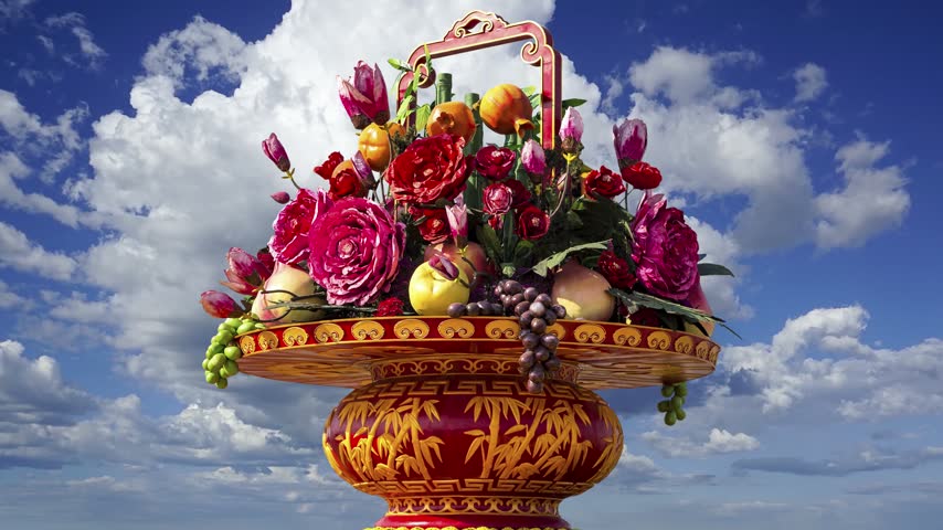 Huge flower basket (against the background of a beautiful sky with clouds) in Tiananmen square, Beijing, China. 4K, time lapse 
