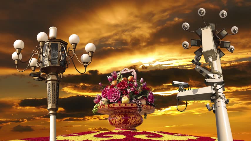 Street lamp and huge flower basket (against the sunset) in Tiananmen square, Beijing, China. 4K, time lapse 