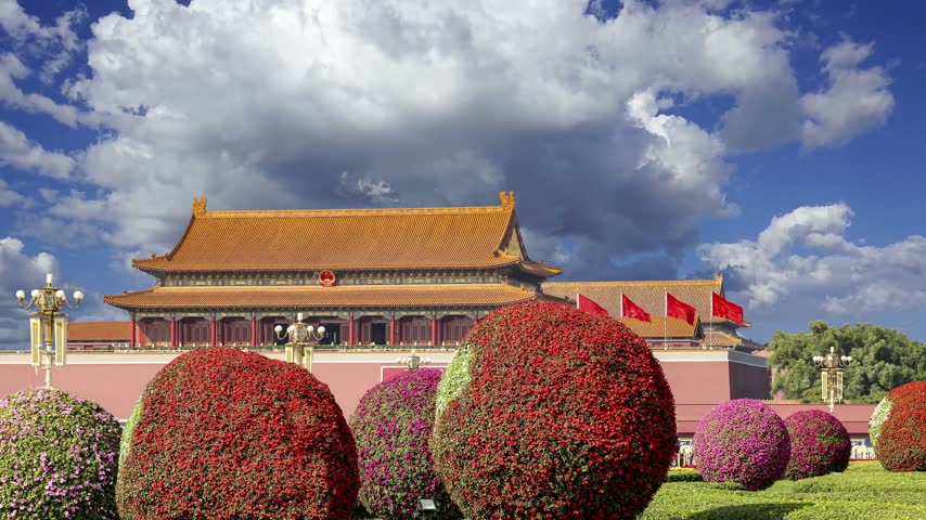 Tiananmen square, Beijing, China (against the background of a beautiful sky with clouds). 4K, time lapse 