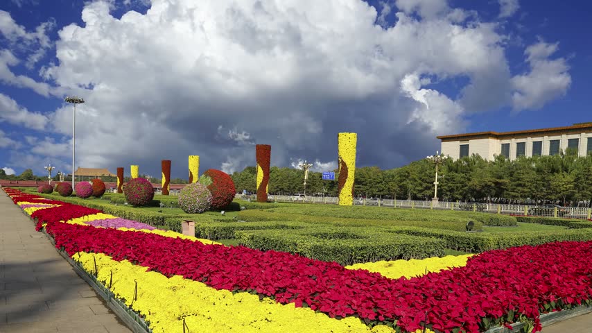 Tiananmen square, Beijing, China (against the background of a beautiful sky with clouds). 4K, time lapse 