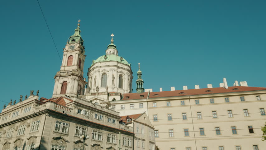 Baroque St Nicholas Church rises above Malostranske namesti in Prague, Czech Republic.