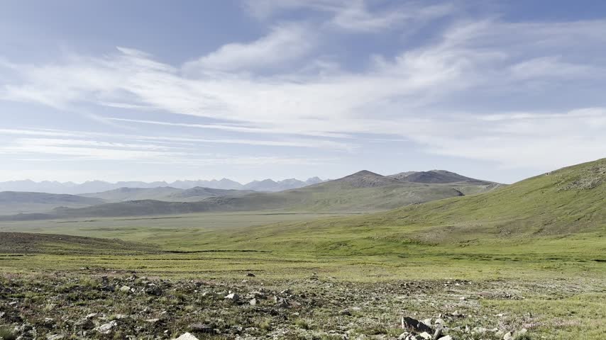Rolling grassland and rocky ground stretch toward distant mountains across Deosai, Gilgit-Baltistan, Pakistan