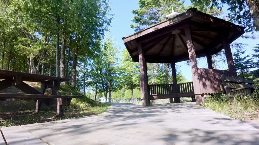 Static footage of a gazebo beside a hiking trail, providing a place for visitors to sit and rest while surrounding trees move gently in the wind. Peaceful outdoor recreation and nature scene suitable