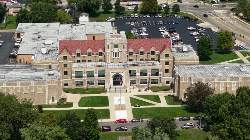 Drone Shot of Dixon High School, Illinois USA, Building Exterior on Sunny Summer Day