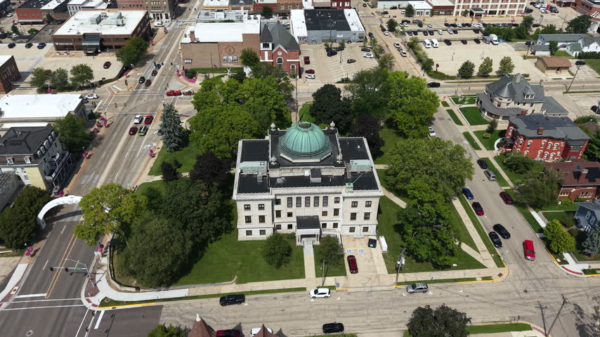 Dixon, Illinois USA. Drone View of Old Lee County Courthouse Building and Street Traffic