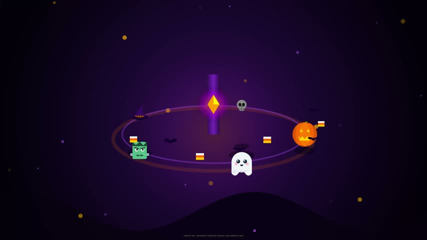 A fun Halloween motion graphic showing cute pixel art icons like ghosts and pumpkins orbiting a glowing purple core on a dark purple background.