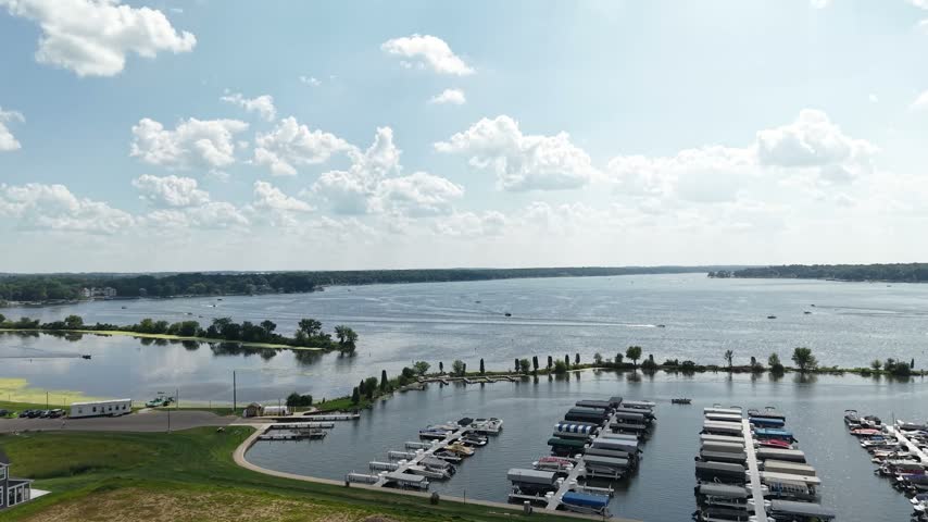 Drone View of Delavan Lake, Wisconsin USA. Marina and Boats in Water on Sunny Summer Day
