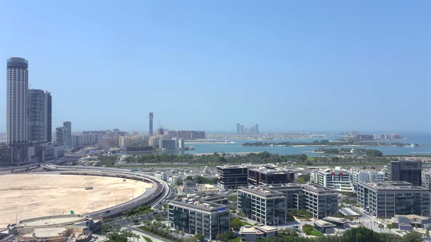 Top view of Palm Jumeirah from Dubai Media City, Dubai, UAE.