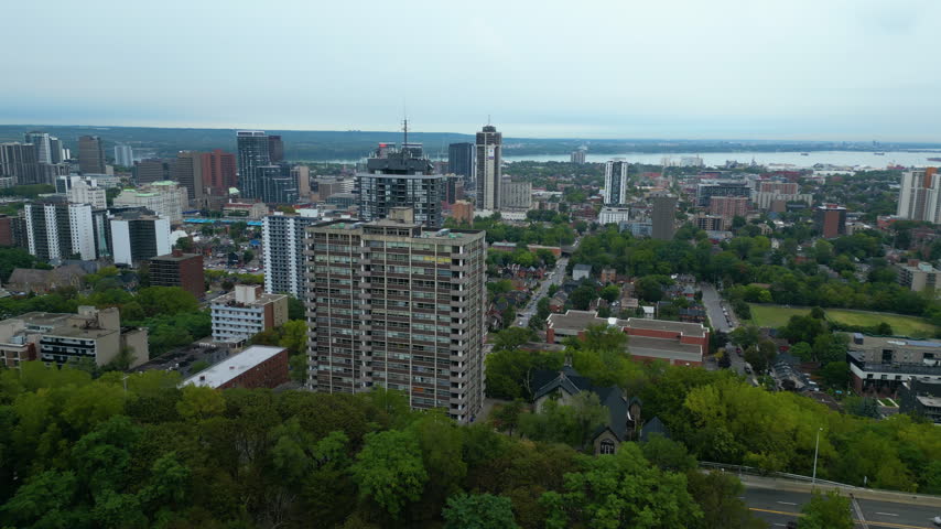 Aerial view of Hamilton, Ontario on an overcast day
