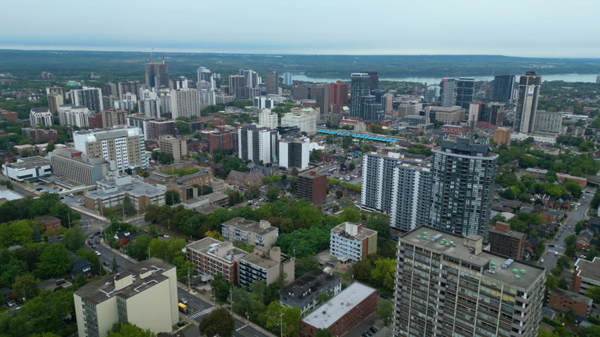 Slow wrap around drone view of downtown Hamilton Ontario