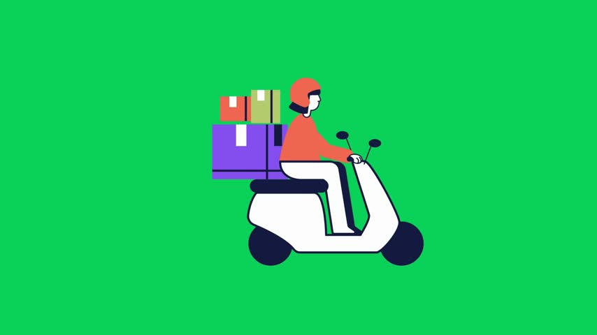This animated sequence shows a delivery scooter carrying packages moving horizontally across a bright green background. The vector style and simple design make it suitable for use as an intro
