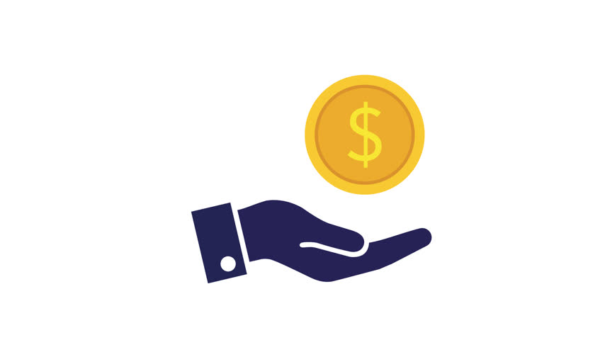 2D vector animation of a hand holding and giving a gold dollar coin in a financial transaction concept