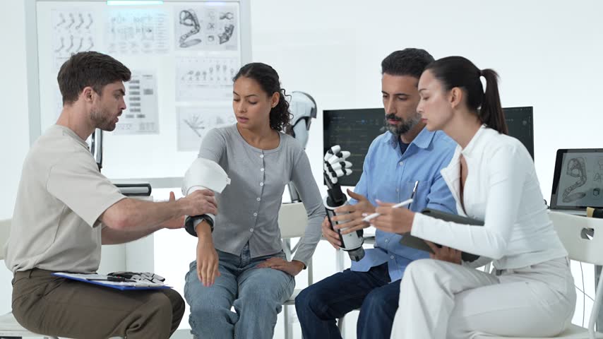 Wide lab shot of four researchers: the white exoskeleton sleeve slides onto a young woman