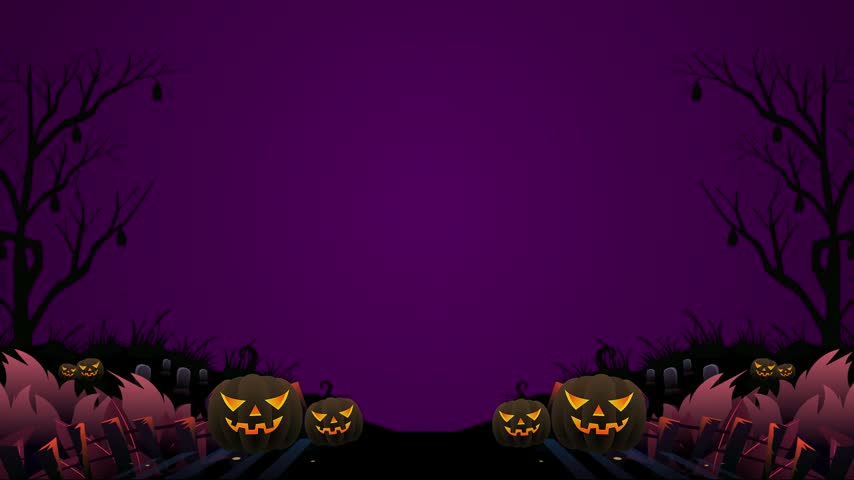 Halloween background features creepy carved jack o lanterns sitting below gnarled bare trees under a glowing purple night sky.