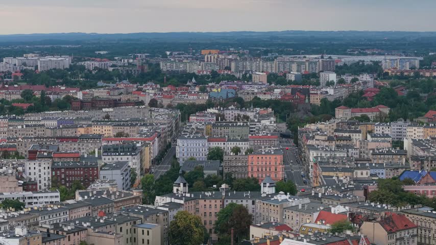Aerial perspective showcasing the cityscape of Wroclaw, Poland, with its diverse urban architecture, traditional buildings, and streets, presenting a beautiful european skyline view
