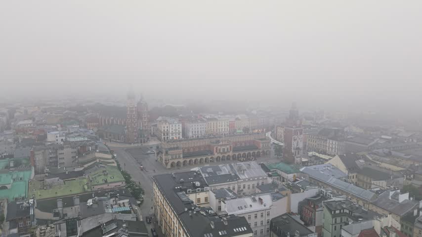 Foggy aerial perspective of Krakow