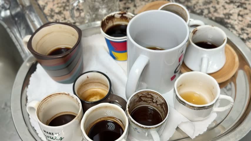 A silver tray filled with many empty and used coffee cups and mugs sits on a kitchen counter next to a sink. The dirty dishes contain leftover dark coffee grounds from a gathering.
