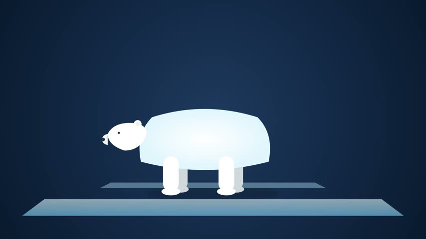 A stylized 3D polar bear icon walks with slow heavy steps across an icy arctic landscape. Features white fur with blue shadows and rhythmic breath puffs in cold air.