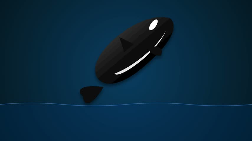 A high-quality 3D icon of a black and white orca jumping gracefully in a parabolic arc. Features realistic water splashes and a deep blue ocean background in a seamless 5-second loop.