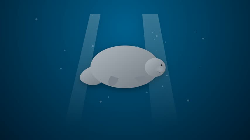 A stylized 3D-effect icon of a grey manatee drifting peacefully through clear blue ocean water with subtle light rays and rising bubbles. Smooth 5-second seamless loop.