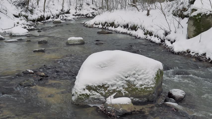 Stream of water with a boulder at winter time - with audio