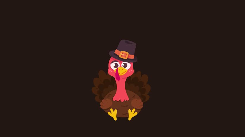 Whimsical cartoon turkey wearing a traditional pilgrim hat, surrounded by vibrant fall foliage, celebrating autumn and Thanksgiving.