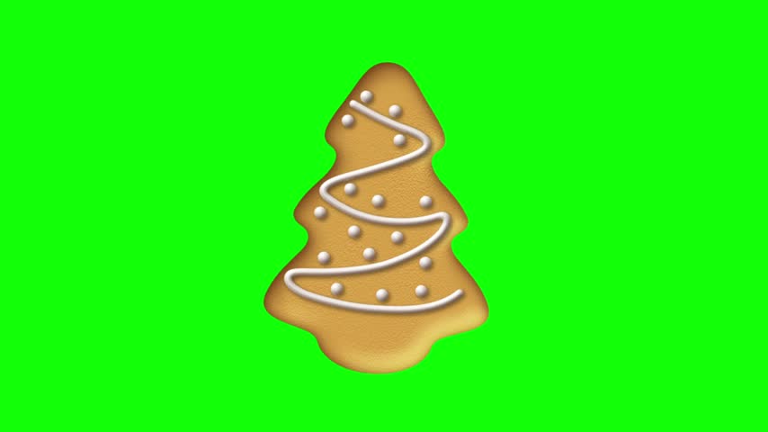 Realistic 3D animated Christmas tree gingerbread cookie with white icing on chroma key green screen background for video overlay