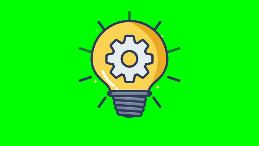 A vibrant yellow lightbulb illustration featuring a mechanical gear inside rotates against a bright chroma green backdrop. This digital cartoon animation uses clean graphic strokes and cheerful tones to represent inventive thinking concepts. Radiating energy rays and tiny sparkle accents surround the glass vessel to emphasize brilliant flashes of creative inspiration.