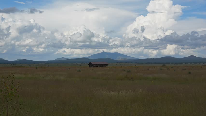 A vintage log cabin on a large scenic prairie