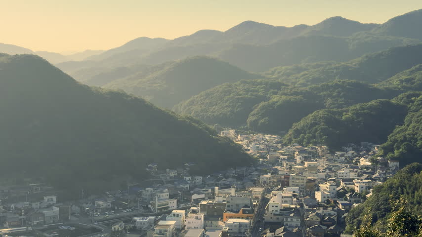 aerial city view in mountains