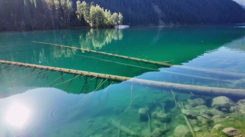 Tranquil mountain landscape featuring the turquoise waters of kolsai lake. Submerged trees are visible through the clear water with forests reflecting