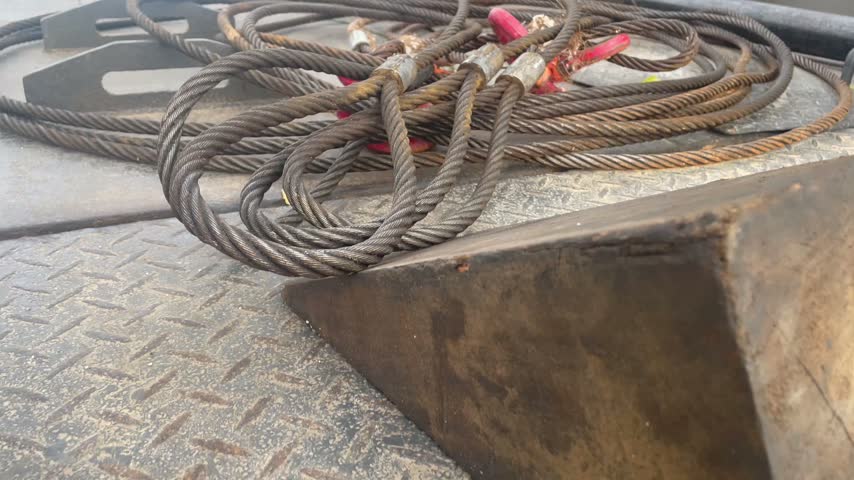 Heavy duty steel wire ropes with eyes and red hooks coiled on a metal diamond plate surface