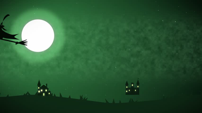 A kawaii witch flies on her broomstick across a toxic green night sky with magical sparkles, a glowing full moon, and a spooky village below for