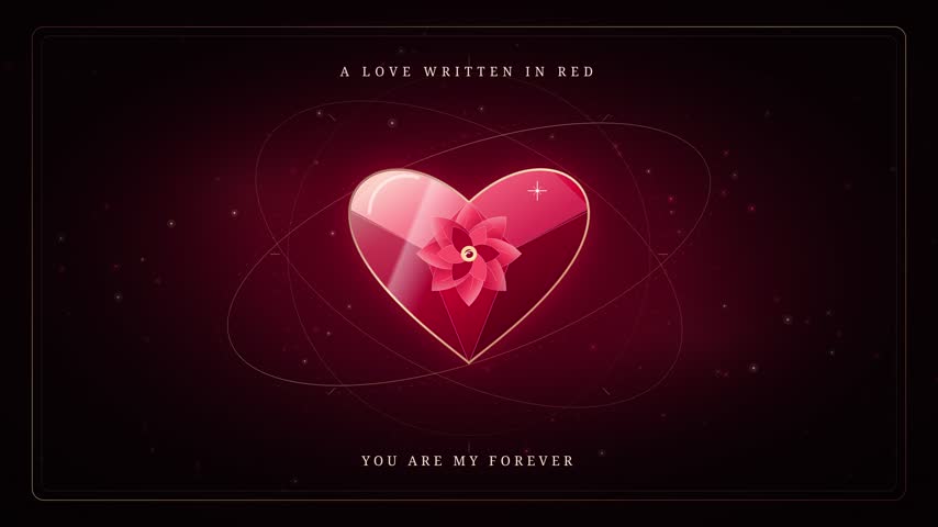 Blooming crimson rose heart with glowing orbits loop for Valentine
