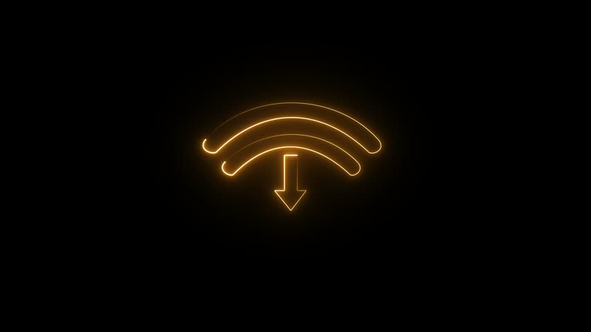 An orange glowing neon Wi-Fi symbol with a downward-pointing arrow beneath the arched signal waves on a dark background.