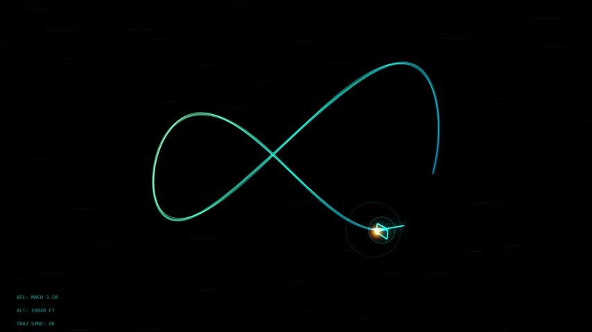 Modern aerospace visual background showing glowing wireframe rocket orbiting along figure eight infinity trail with cyber telemetry readouts across dark space.