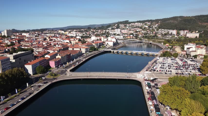 Beautiful aerial view of the city of pontevedra in galicia, spain, with bridges over the lérez river