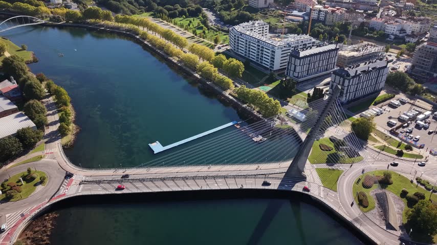 High angle shot of the los tirantes bridge crossing the lérez river in pontevedra, spain