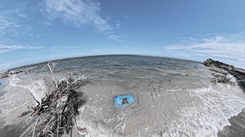 An open hole marks the blue container bobbing beside tangled coastal driftwood.
