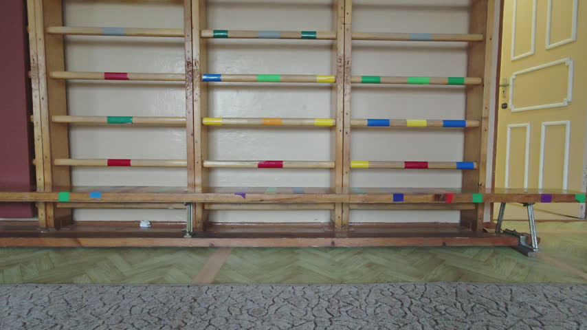 Empty school gymnasium featuring wooden stall bars, also known as Swedish ladders, ready for physical education class or workout session