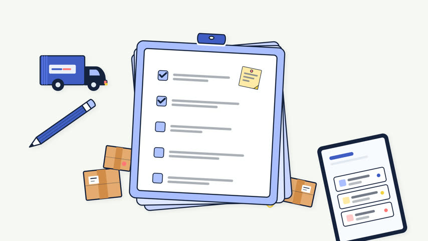 Flat style animated icons showing logistics processes from order checklists to truck delivery and package handling. Perfect for supply chain and e-commerce marketing videos.