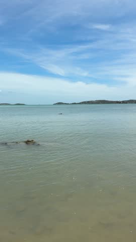 Waves lap against the shore while clouds drift across the sky at a coastal location. The view shows calm waters and distant hills.