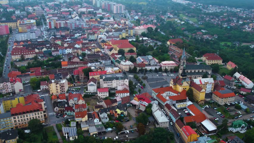  Aerial view of the old town of the city kladno in the Czech republic , on a cloudy noon in summer.