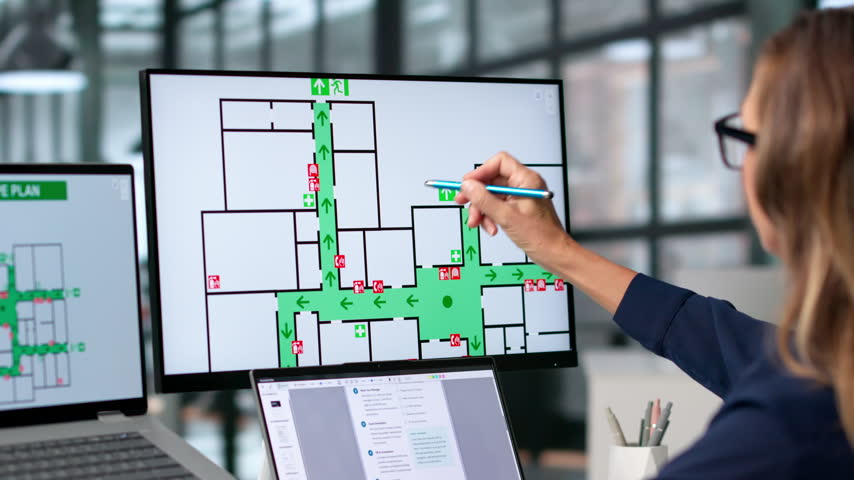 Safety Officer Reviewing Emergency Exit Routes On Computer During Fire Drill.